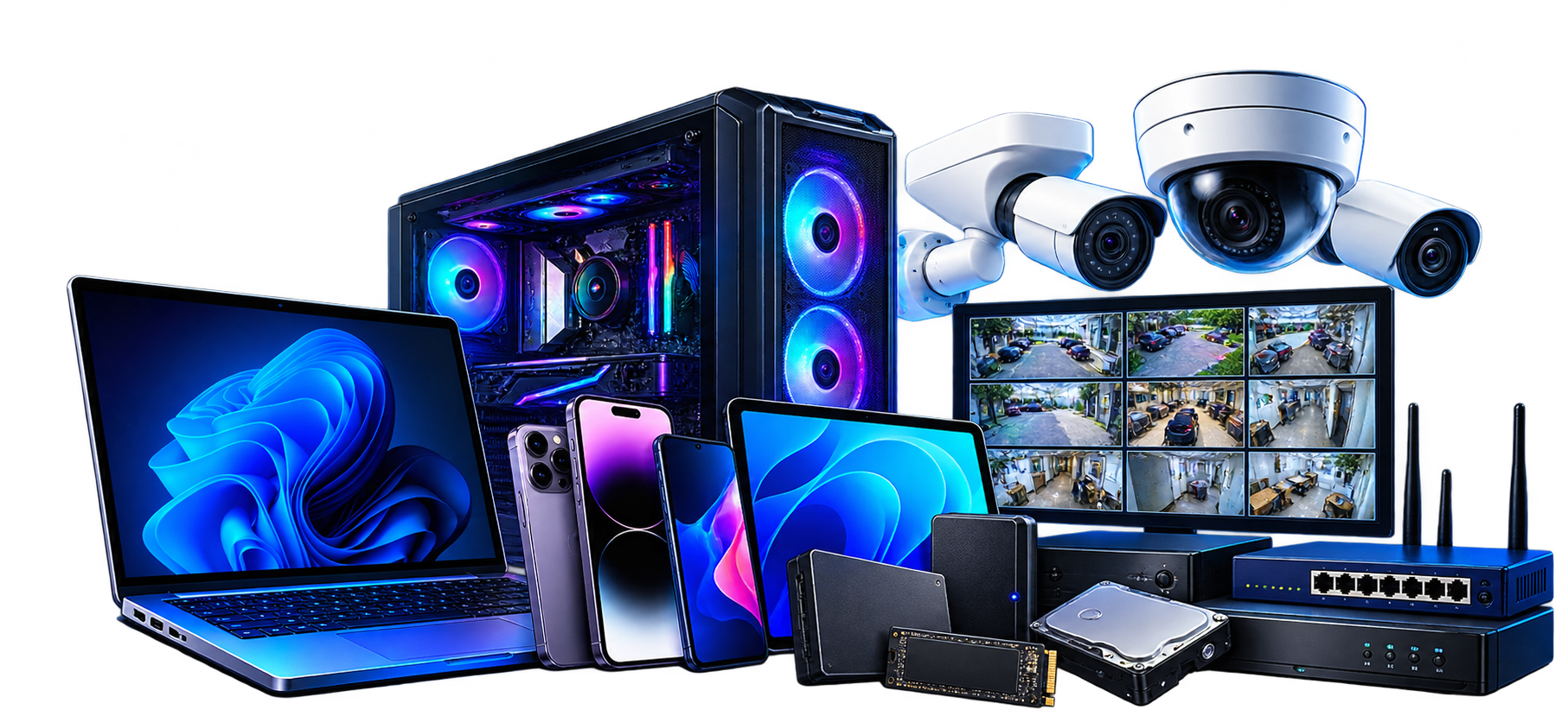 Computadoras, celulares y cámaras de seguridad