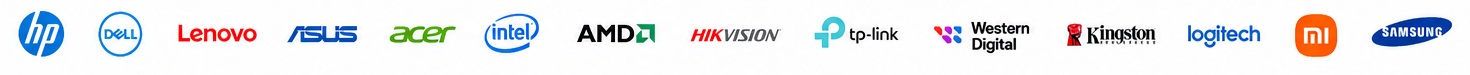 Marcas de tecnología: HP, Dell, Lenovo, ASUS, Acer, Intel, AMD, Hikvision, TP-Link, Kingston, Logitech, Xiaomi y Samsung